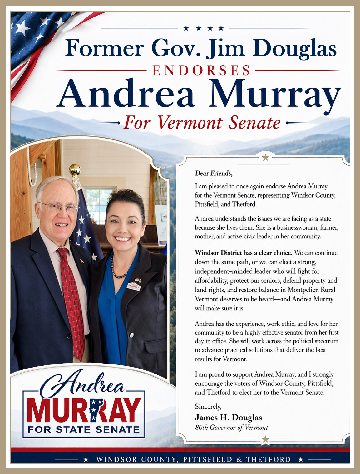 Former Governor Jim Douglas endorsement graphic for Andrea Murray for Vermont Senate